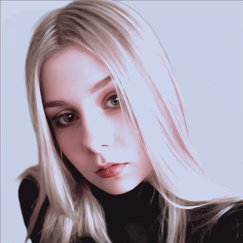 A young person with long, icy blonde hair and pale skin. She wears a black, high-necked shirt, moody eye makeup, and a mysterious expression.